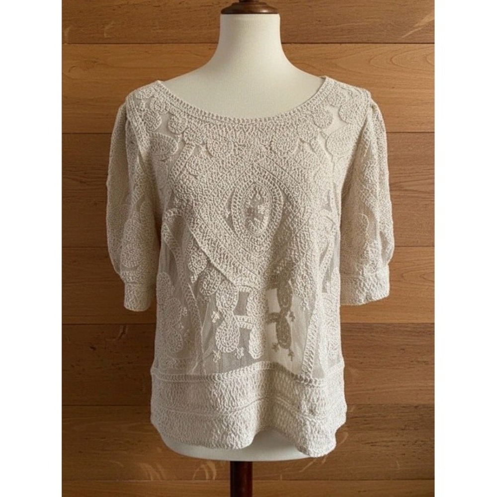 Ultra Pink Women's Cream Crochet Lace Sheer Boho Short Sleeve Top Size Small